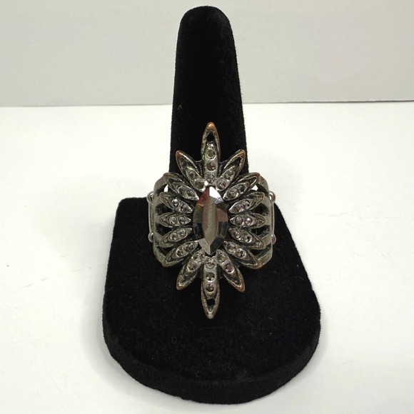 Marquise Crystal Cocktail Statement Ring Gunmetal Rhinestone Adjustable Band - Picture 1 of 6